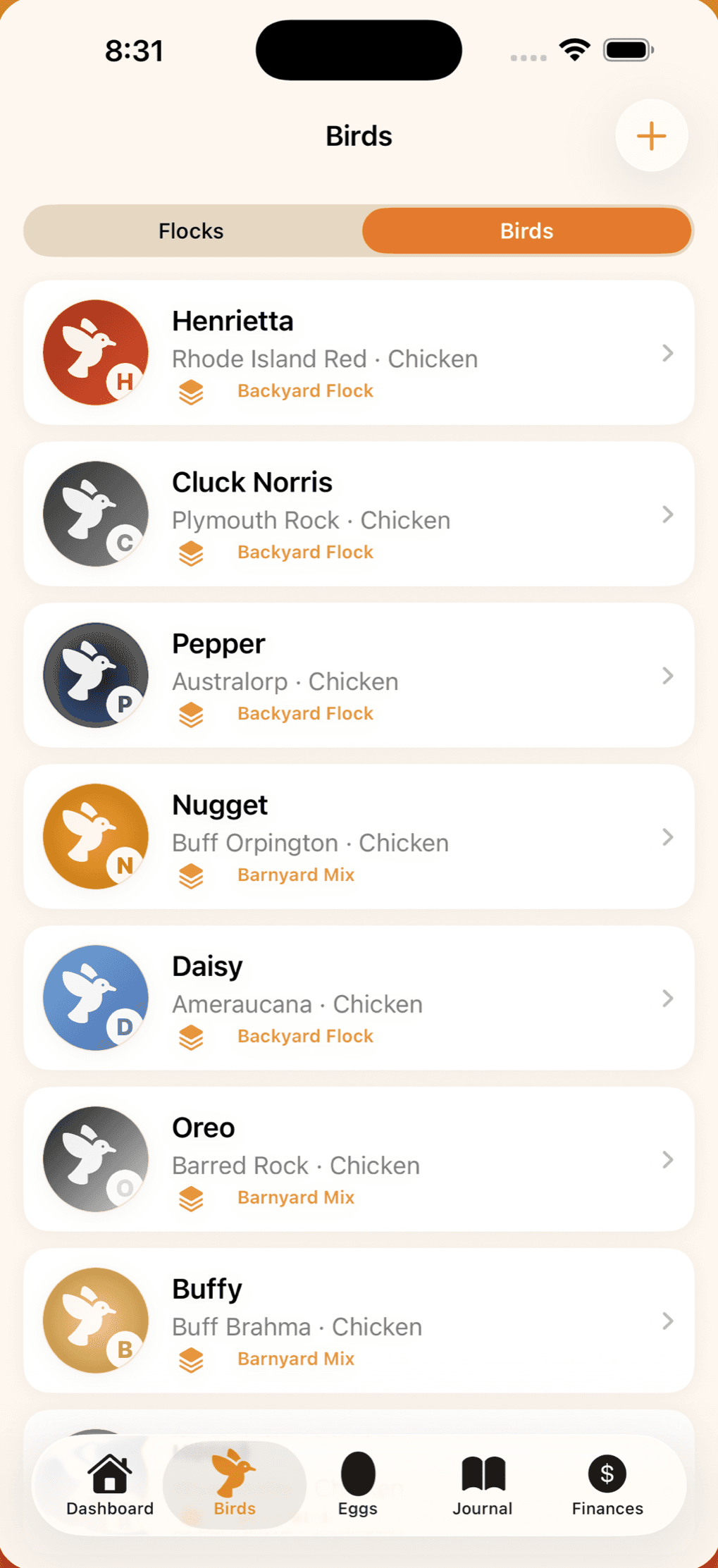 Birds list with profiles for Henrietta, Cluck Norris, Pepper and more