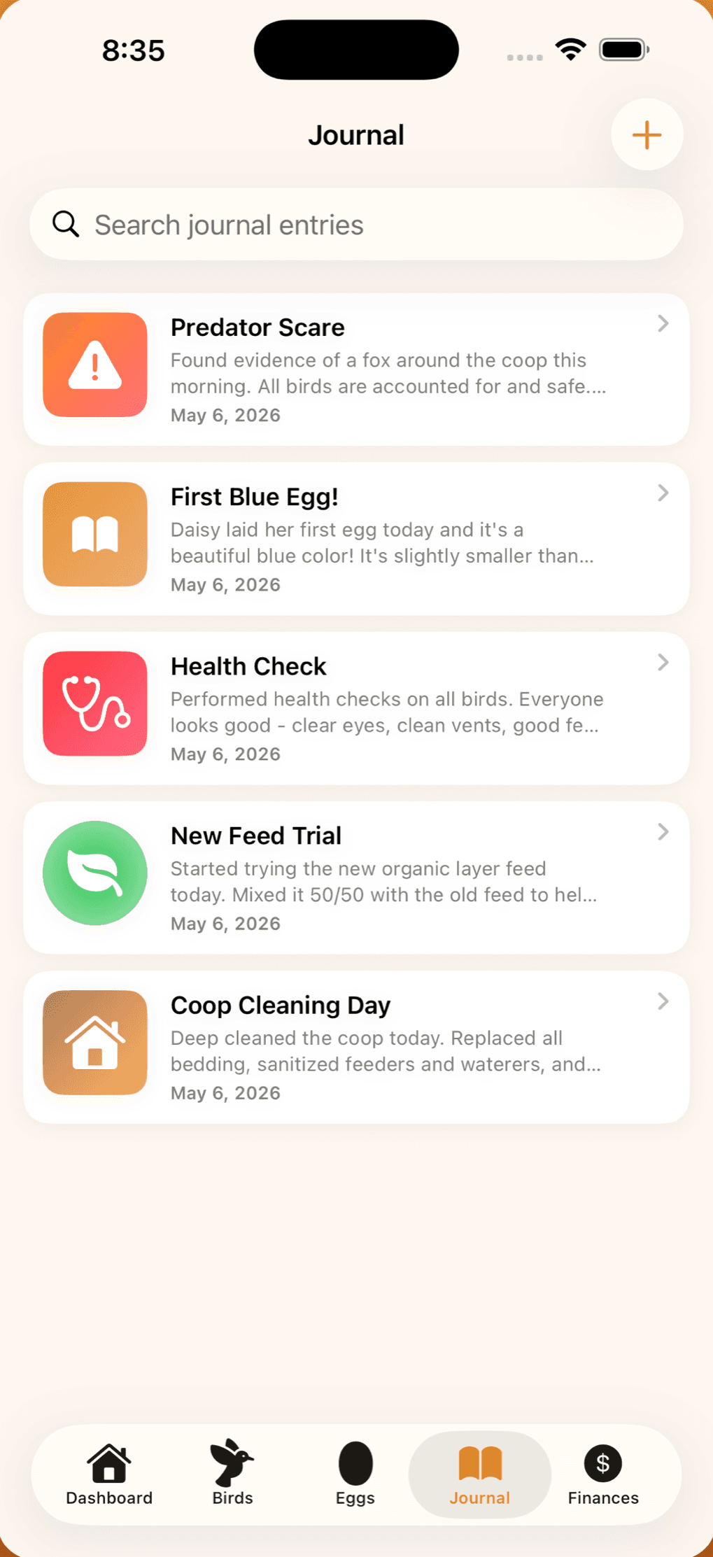 Journal entries: predator scare, first blue egg, health check, coop cleaning day